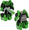 Two views of a green and black robot toy, one in robot mode and one in vehicle mode. Produktbild-Vorschau