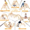 A collage of images showing different configurations and uses of a wooden climbing set for children. Produktbild-Vorschau