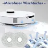 A white robot vacuum cleaner with rotating mop pads is shown cleaning a surface. Below it are two round microfiber mop pads. Arrows and sparkling effects indicate cleaning and air circulation. Produktbild-Vorschau