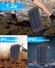 Collage showing a solar power bank in different outdoor scenarios, highlighting its durability and water resistance. Produktbild-Vorschau