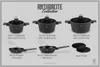 A collection of cookware items displayed with their sizes and names. Produktbild-Vorschau
