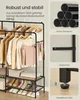 A product image showcasing a black metal clothing rack with various garments and accessories displayed on it, alongside detailed close-up shots of its features. Produktbild-Vorschau