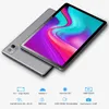 A silver tablet is shown from a slightly elevated angle, with its screen displaying a colorful abstract image. Below the tablet, icons and text describe its features. Produktbild-Vorschau