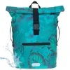 A teal roll-top rucksack with a tropical floral pattern. Produktbild-Vorschau
