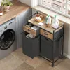 A laundry room scene with a washing machine and a laundry cart. Voir les images du produit