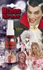 A collage of images advertising a blood spray product for costumes, featuring a vampire, a mad scientist, and a bloody victim. Produktbild-Vorschau