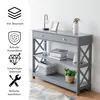A gray console table with shelves and a drawer, decorated with icons and text highlighting its features. Produktbild-Vorschau