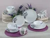 A collection of white porcelain dinnerware with a lavender motif, arranged on a light gray surface with a hint of a purple background. Náhľad obrázku produktu