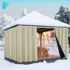 A gazebo covered in snow, with beige curtains drawn, and orange arrows indicating heat rising from inside. Voir les images du produit