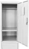 An open white metal locker with two shelves and a hanging rod. Anteprima dell’immagine prodotto