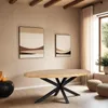 A modern dining room with an oval wooden table and abstract art on the wall. Voir les images du produit