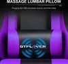Close-up of a purple gaming chair's lumbar pillow with the GTPLAYER logo and text indicating massage functionality. Náhled obrázku produktu