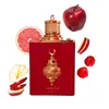 A red perfume bottle with gold accents, surrounded by fruit slices and whole fruits. Voir les images du produit