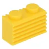 A single yellow LEGO brick with two studs on top and ribbed texture on one side, isolated on a white background. Produktbild-Vorschau
