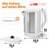 A marketing image of a Clatronic electric kettle with dimensions and capacity information. Anteprima dell’immagine prodotto