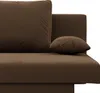 A close-up view of a brown sofa with a large pillow and a small decorative pillow. Produktbild-Vorschau