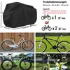 A collage showing a black bicycle cover, dimensions, compatibility information, and various bicycles. Produktbild-Vorschau