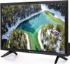 A black LED TV with a scenic landscape displayed on its screen, resting on two black legs against a white background. Produktbild-Vorschau