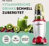 A Mr. Magic blender with fruits and a smoothie, along with marketing text and feature icons. Produktbild-Vorschau