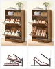 Collage of a shoe cabinet with two different styles of shoes displayed in the flip-out compartments, and illustrative diagrams showing shoe placement. Produktbild-Vorschau