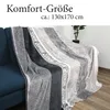 A blanket is draped over a sofa, with text above indicating its size and type. Produktbild-Vorschau