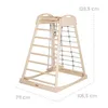 A wooden indoor play structure with various climbing and swinging elements, shown against a white background with dimensions indicated by dashed lines and text. Anteprima dell’immagine prodotto