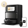 A product shot of a black robot vacuum cleaner with a bottle of cleaning fluid and smart devices. Produktbild-Vorschau
