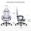 Two views of a purple gaming chair with dimensions labeled in centimeters. Podgląd zdjęcia produktu