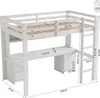 A white loft bed with a desk and drawers underneath, shown with dimensions indicated by measurement lines and text. Náhled obrázku produktu
