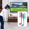 A woman playing a golf video game with Nintendo Switch controllers shaped like golf clubs. Produktbild-Vorschau