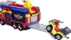 A toy fire truck with a trailer carrying a quad bike. Produktbild-Vorschau