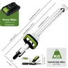 A diagram showing the dimensions and features of a hedge trimmer, along with a battery pack and a smaller hedge trimmer attachment. Produktbild-Vorschau