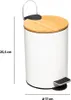 A white pedal bin with a bamboo lid and a metal pedal, shown with dimensions indicated. Podgląd zdjęcia produktu