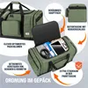 A green duffel bag with various compartments and features highlighted with text and arrows. Produktbild-Vorschau