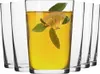 A set of clear glasses, one filled with a yellow beverage and garnished with lemon and leaves, with others empty. Anteprima dell’immagine prodotto