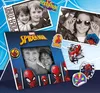 A collage of images featuring Spiderman-themed products, including a photo frame and stickers, with children's photos incorporated. Voir les images du produit