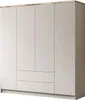 A modern, minimalist wardrobe with four doors and two drawers, featuring a sleek beige finish and a subtle gold trim at the top. Produktbild-Vorschau