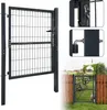 A collage showing a metal garden gate, close-ups of its lock and hinge, and the gate installed in a wooden fence. Produktbild-Vorschau