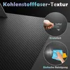 Close-up of a black carbon fiber textured surface, with inset circles demonstrating scratch resistance and ease of cleaning. Produktbild-Vorschau
