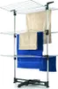 A multi-tiered drying rack with towels hanging on it. Voir les images du produit