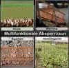 A collage of four images showing different uses of an orange safety fence: in a pasture with chickens, as a warning barrier near water, at a construction site, and in a vegetable garden. Náhled obrázku produktu