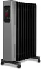 A grey and black oil-filled radiator heater with a digital display and controls on a white background.
