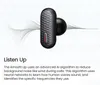A close-up of a black wireless earbud with a red accent, set against a background with abstract sound wave graphics. Voir les images du produit