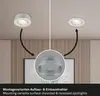 Two ceiling spotlights are shown, one surface-mounted and one recessed, with arrows indicating the mounting options. A large, out-of-focus spotlight is in the foreground. Produktbild-Vorschau