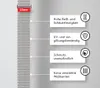 A close-up of a gray fabric strap with text boxes describing its features. Produktbild-Vorschau