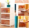 A collage of images showing a white plastic storage cabinet with orange translucent drawers, some filled with toys and books, and a hand interacting with one of the drawers. Anteprima dell’immagine prodotto