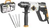 A WORX WX339 Bohrhammer 800W with accessories, including drill bits and a chisel, displayed in a case and next to the hammer drill. Náhled obrázku produktu