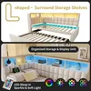 A collage of images showcasing an L-shaped bed frame with integrated storage and LED lighting. Podgląd zdjęcia produktu