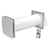 A white ventilation unit with a cylindrical tube and a remote control. Produktbild-Vorschau