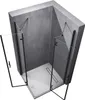 A 3D rendering of a modern shower enclosure with black frames and clear glass panels, set against a gray concrete wall. Voir les images du produit